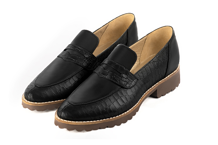 Satin black women's casual loafers. Round toe. Flat rubber soles. Front view - Florence KOOIJMAN